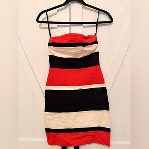 Striped Red, Black & Cream Strapless Mini Bodycon Dress